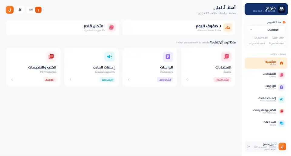 Minhaj teacher dashboard screenshot